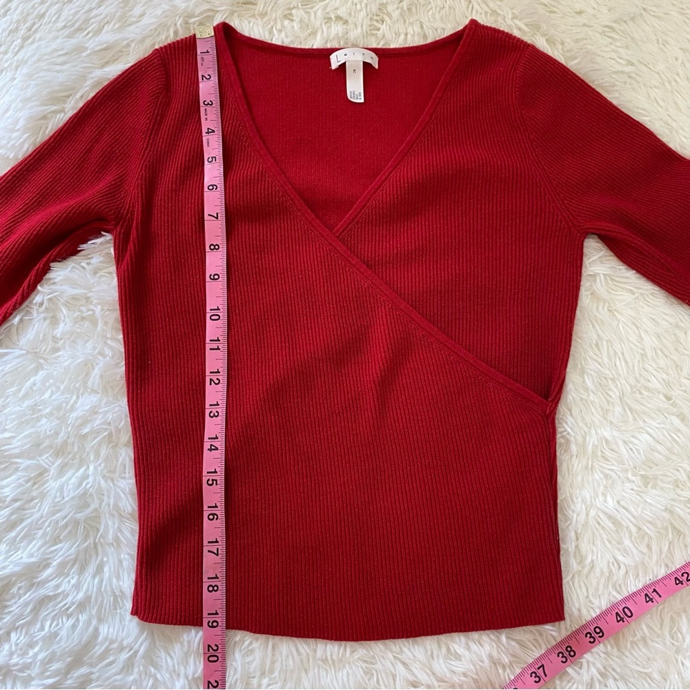 Leith Red Ribbed V neck long sleeve wrap top - Picture 11 of 14